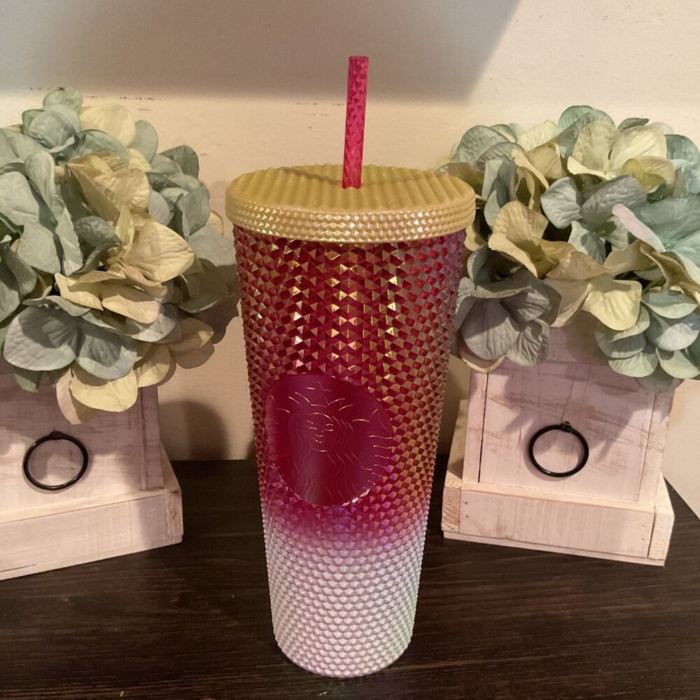 Starbucks Red & Gold Ombre Studded Tumbler With Straw 24 Oz